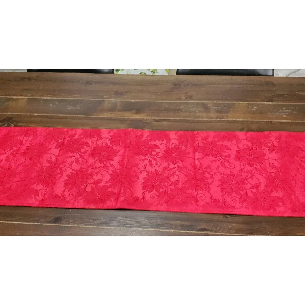 Table Runner Red Sateen Jacquard Poinsettias 2-sided 70x13